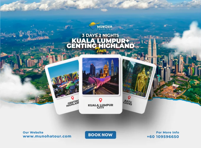 Skyline view of Kuala Lumpur at night with Petronas Twin Towers illuminated, highlighting the 3D2N Kuala Lumpur Genting Tour Package by Munoha Malaysia Tour Package.