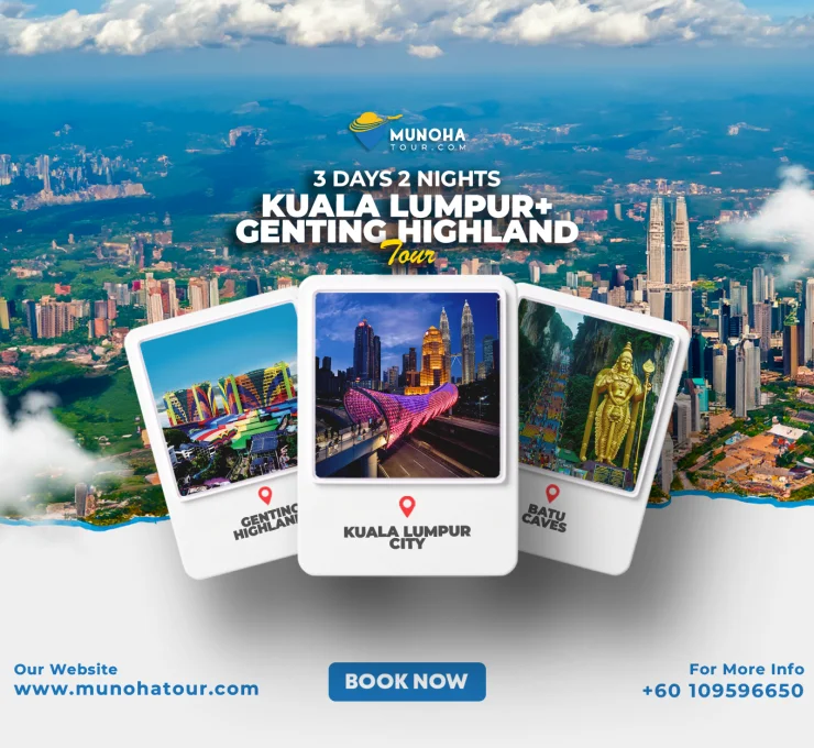 Skyline view of Kuala Lumpur at night with Petronas Twin Towers illuminated, highlighting the 3D2N Kuala Lumpur Genting Tour Package by Munoha Malaysia Tour Package.