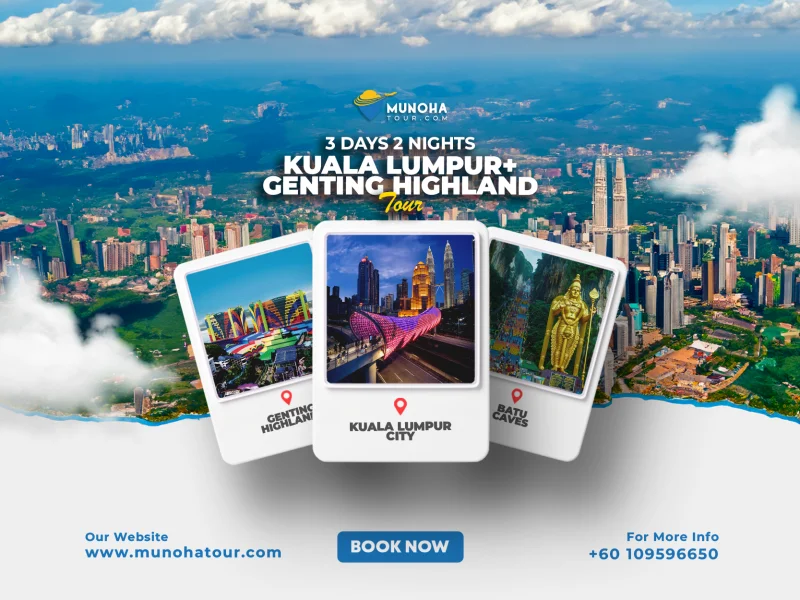 Skyline view of Kuala Lumpur at night with Petronas Twin Towers illuminated, highlighting the 3D2N Kuala Lumpur Genting Tour Package by Munoha Malaysia Tour Package.