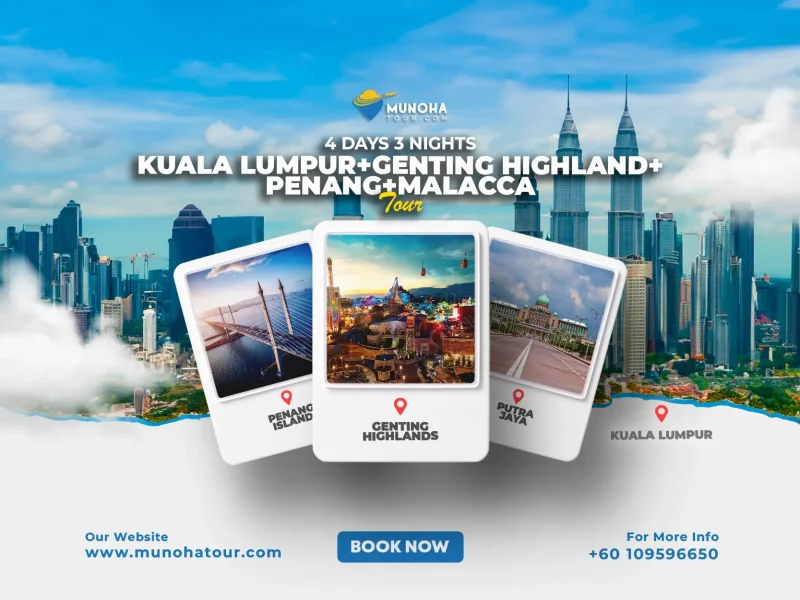 Scenic view of Batu Feringgi beach with golden sand and turquoise waters, part of the 4D3N Kuala Lumpur, Genting Highlands, Penang Islands, and Putrajaya Tour by Munoha Malaysia Tour Package.