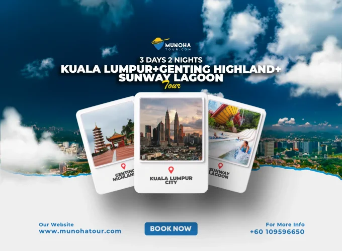 Thrilling rides at Sunway Lagoon, with Kuala Lumpur skyline and Genting Highlands in the background, part of the 3D2N Kuala Lumpur, Genting Tour, and Sunway Lagoon Package by Munoha Malaysia Tour Package.