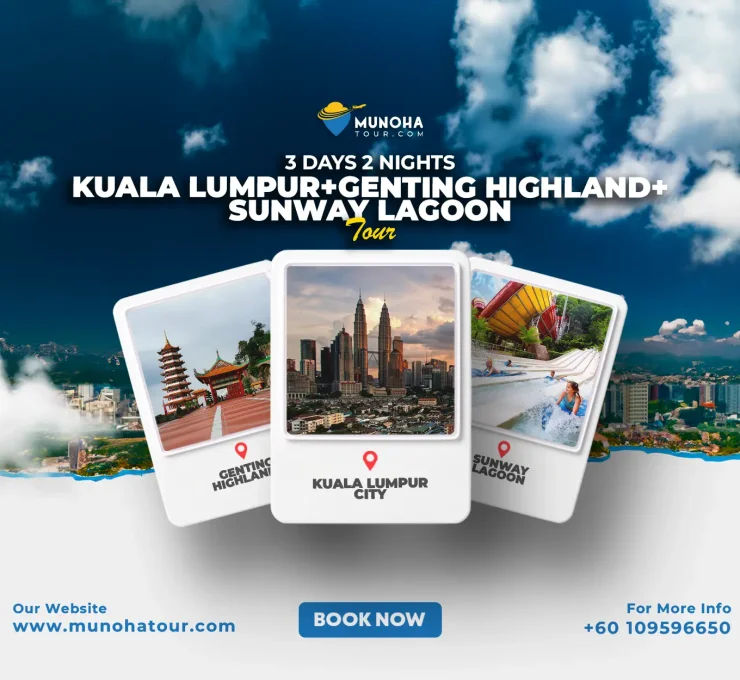 Thrilling rides at Sunway Lagoon, with Kuala Lumpur skyline and Genting Highlands in the background, part of the 3D2N Kuala Lumpur, Genting Tour, and Sunway Lagoon Package by Munoha Malaysia Tour Package.