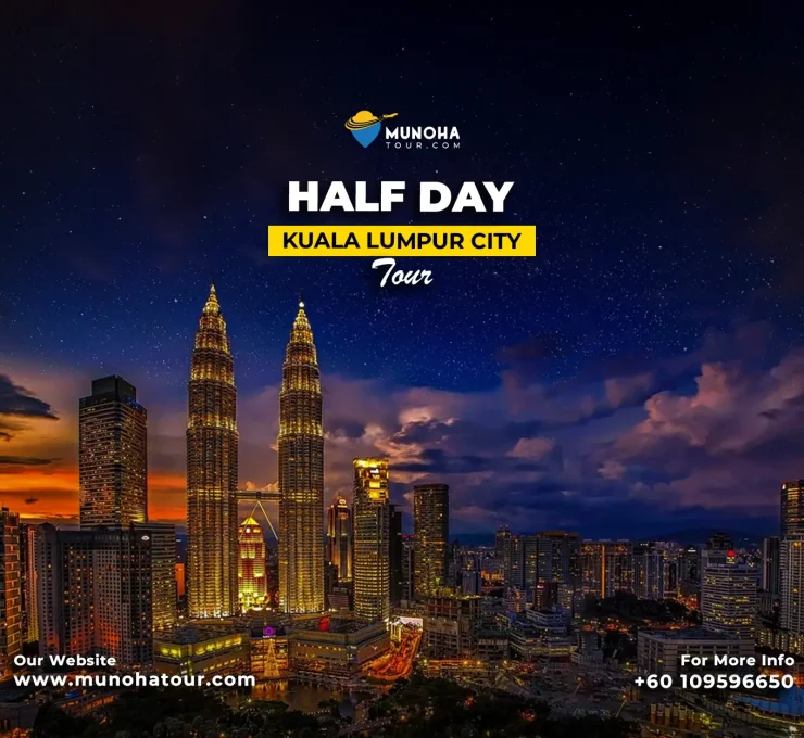 Tourists exploring key attractions of Kuala Lumpur, including the Petronas Twin Towers and Merdeka Square, on a half-day city tour.