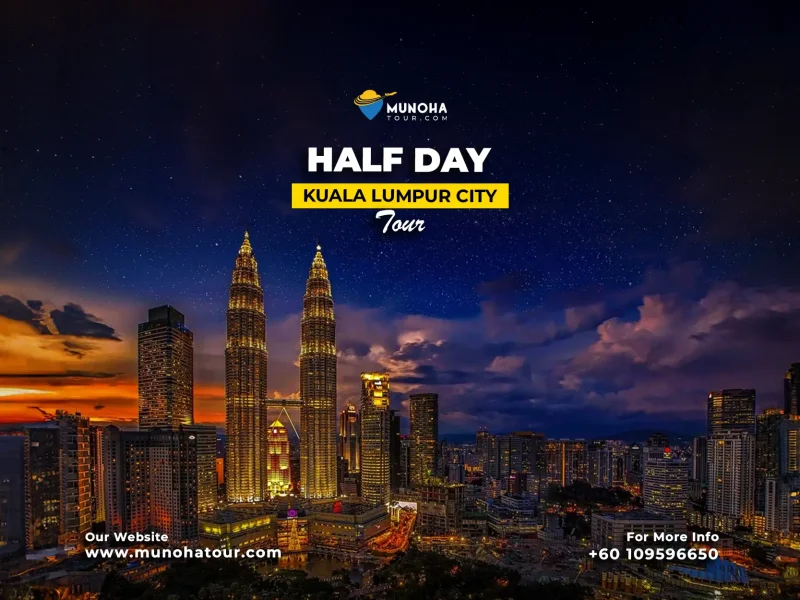 Tourists exploring key attractions of Kuala Lumpur, including the Petronas Twin Towers and Merdeka Square, on a half-day city tour.