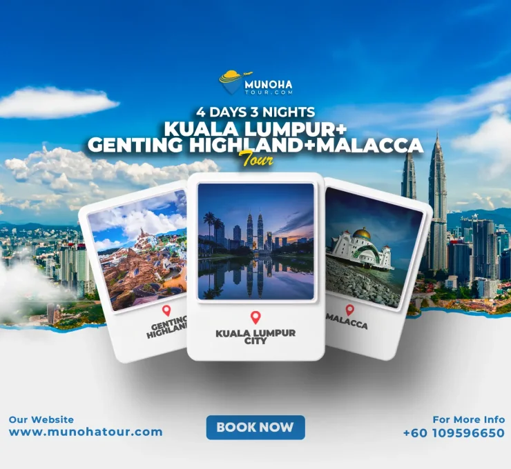 Aerial view of Kuala Lumpur’s skyline, Melaka’s historic sites, and Genting Highlands, showcasing the 4D3N Kuala Lumpur, Melaka, and Genting Tour by Munoha Malaysia Tour Packages.