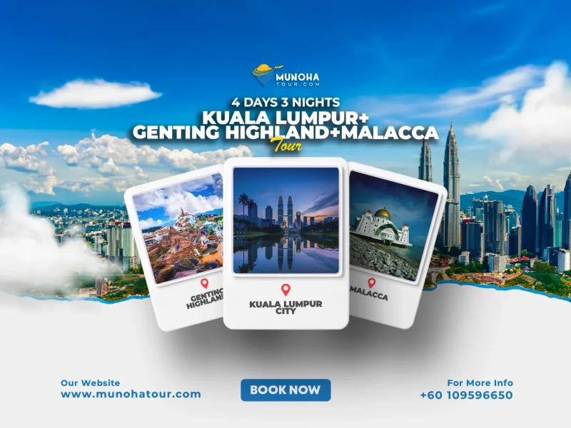 Aerial view of Kuala Lumpur’s skyline, Melaka’s historic sites, and Genting Highlands, showcasing the 4D3N Kuala Lumpur, Melaka, and Genting Tour by Munoha Malaysia Tour Packages.