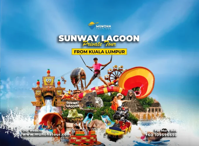 Visitors enjoying thrilling rides and attractions at Sunway Lagoon, a popular theme park and water park in Malaysia.