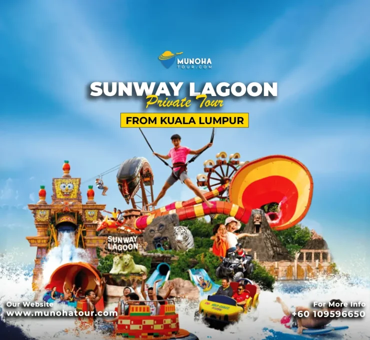 Visitors enjoying thrilling rides and attractions at Sunway Lagoon, a popular theme park and water park in Malaysia.