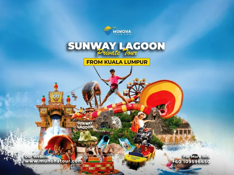 Visitors enjoying thrilling rides and attractions at Sunway Lagoon, a popular theme park and water park in Malaysia.