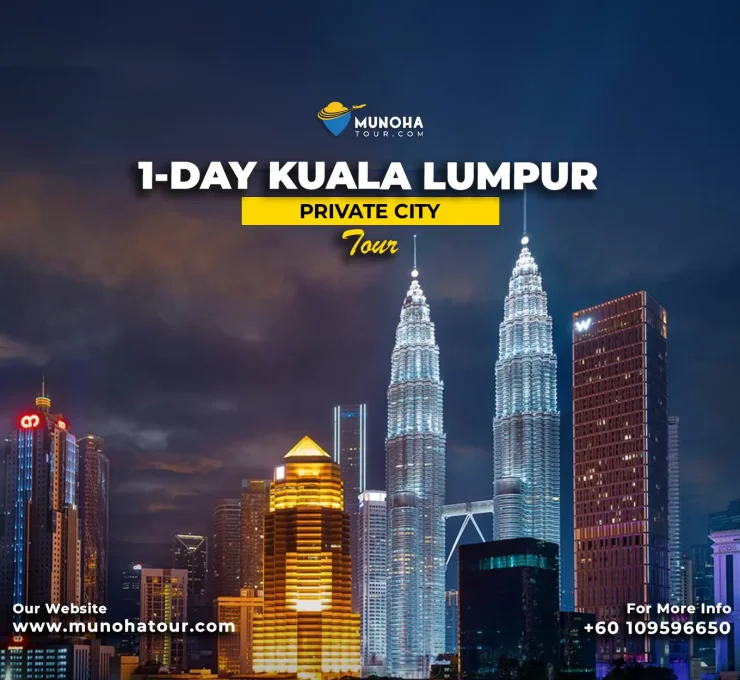 Tourists exploring the iconic landmarks of Kuala Lumpur, including the Petronas Twin Towers and Batu Caves, on a comprehensive one-day city tour.