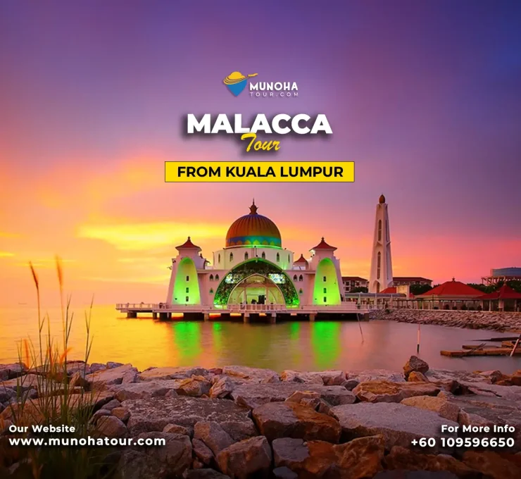 Tourists exploring the historic streets of Malacca, with vibrant Dutch colonial buildings and heritage sites on a guided tour from Kuala Lumpur.