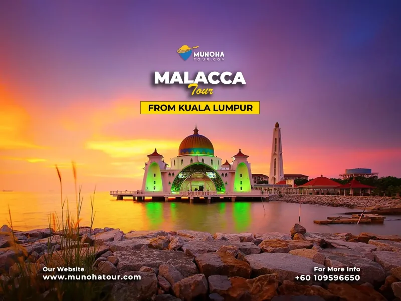 Tourists exploring the historic streets of Malacca, with vibrant Dutch colonial buildings and heritage sites on a guided tour from Kuala Lumpur.