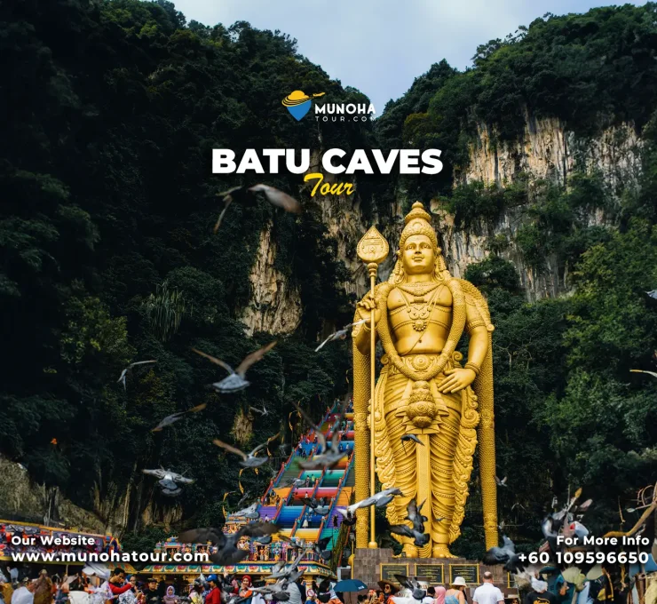 Batu Caves Private Tour, Visitors exploring the iconic during a private tour from Kuala Lumpur Malaysia, with the towering golden statue of Lord Murugan in the background.